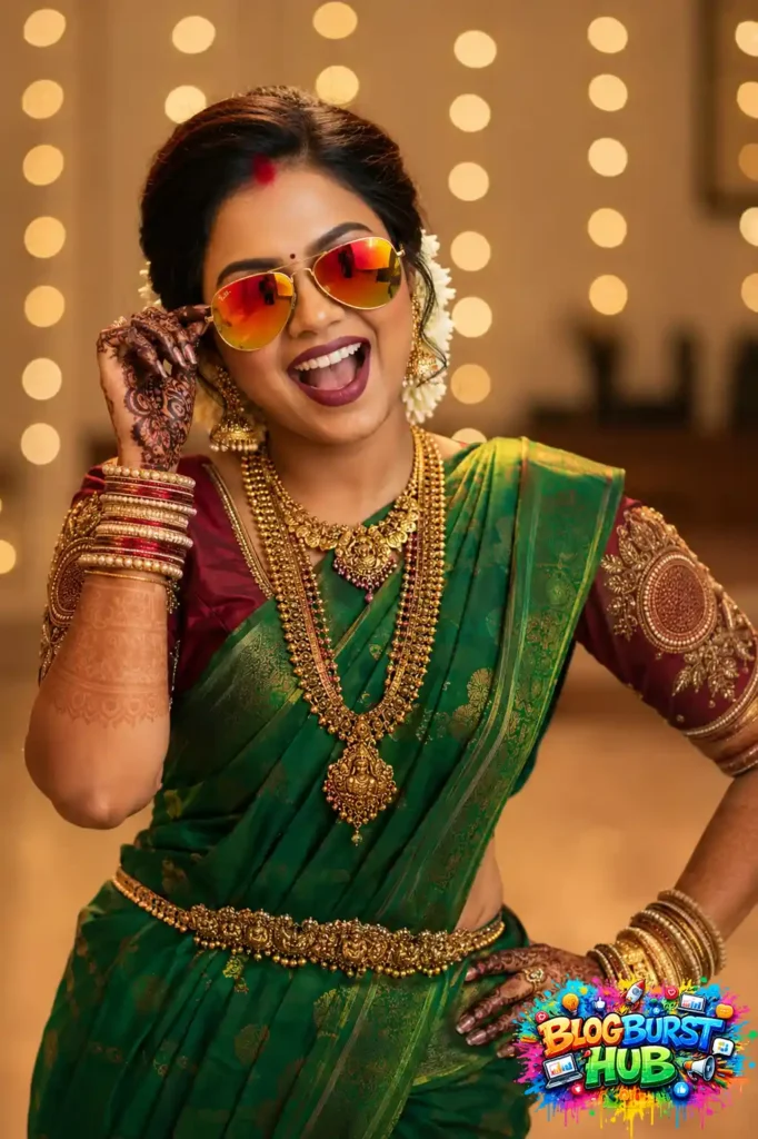 Green saree with red blouse and sunglasses