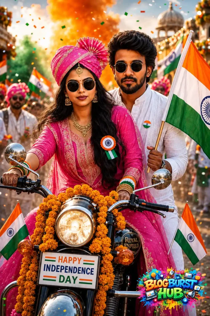 Indian couple celebrating Independence Day on a decorated motorcycle with flags