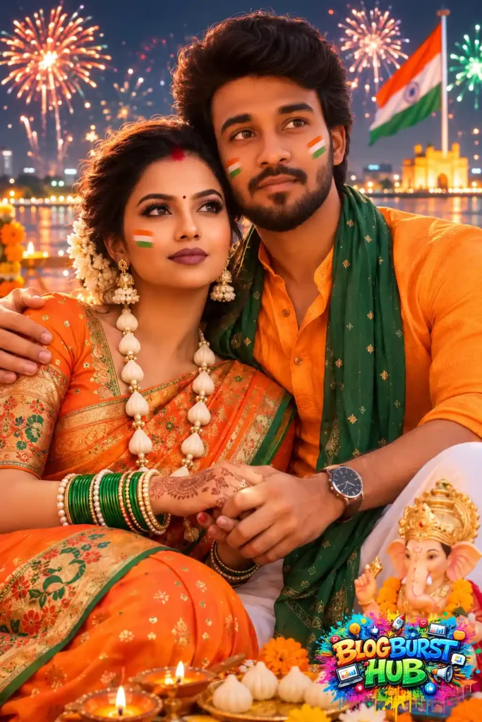 Indian couple celebrating Independence Day with fireworks and an Indian flag