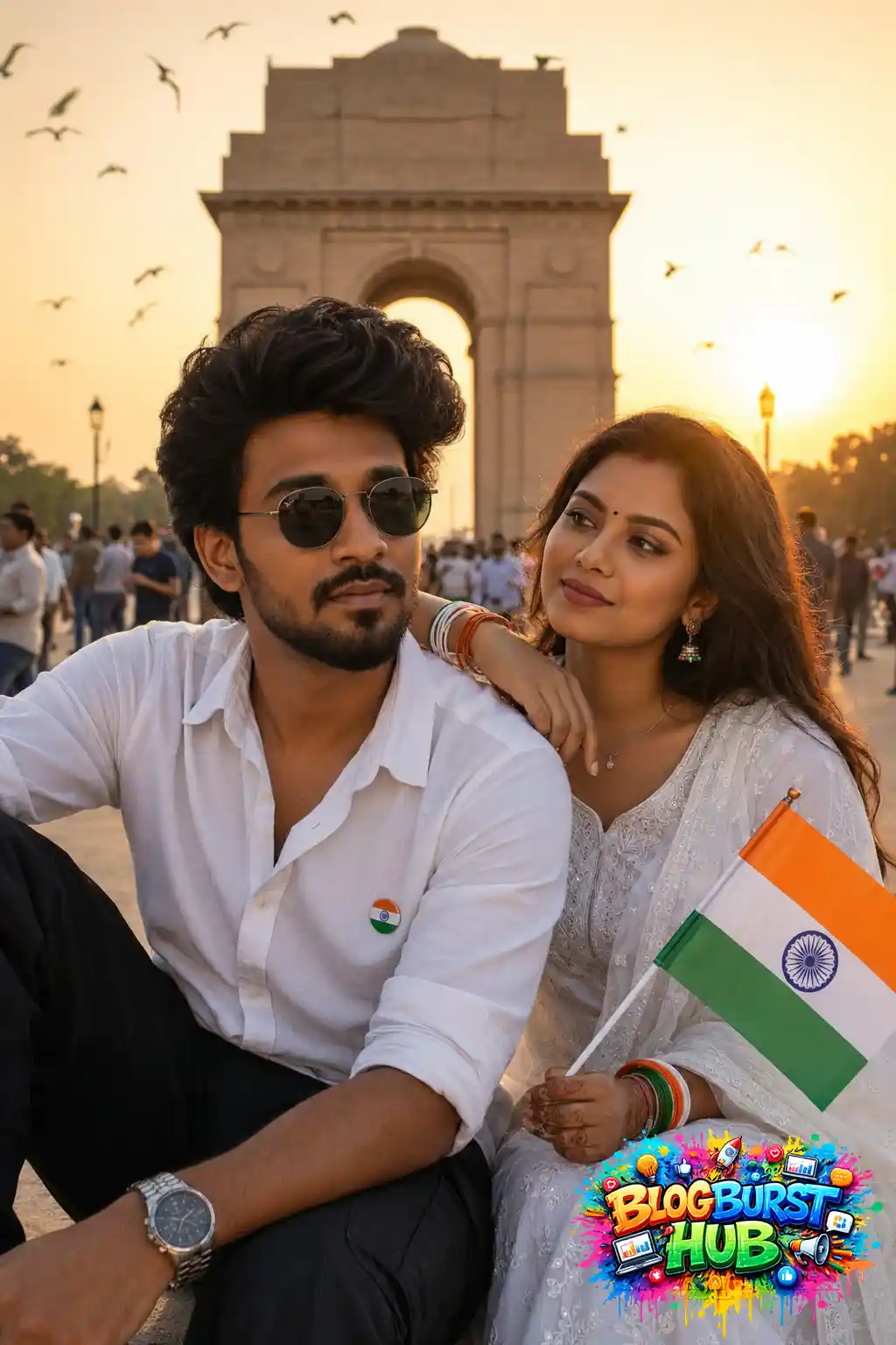 Indian couple posing with the national flag near India Gate on Independence Day