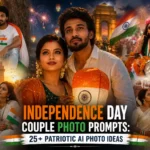 Independence Day couple photo prompts with patriotic Indian flag and AI photo ideas