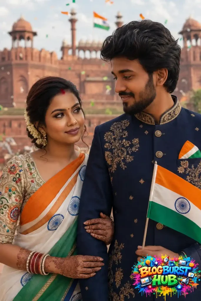 Indian couple posing with the national flag in front of Red Fort