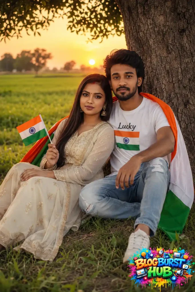 Indian couple sitting under a tree with an Indian flag at sunset