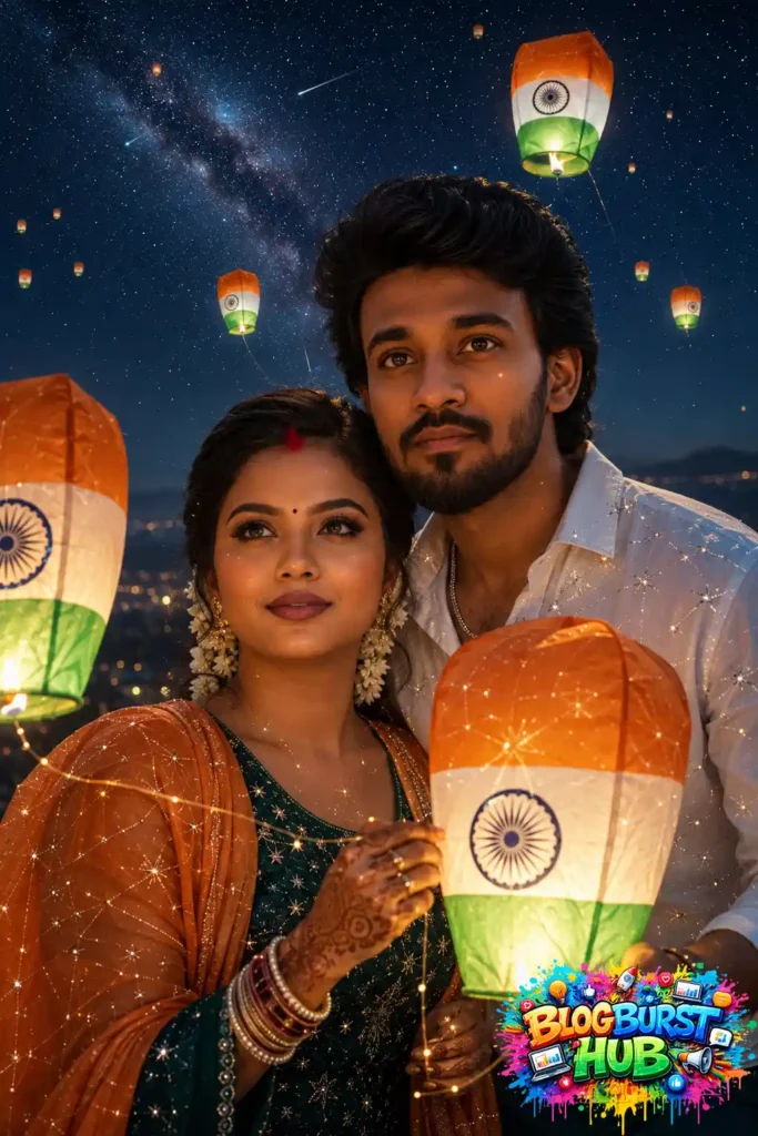Indian couple holding a tricolor lantern during an Independence Day celebration