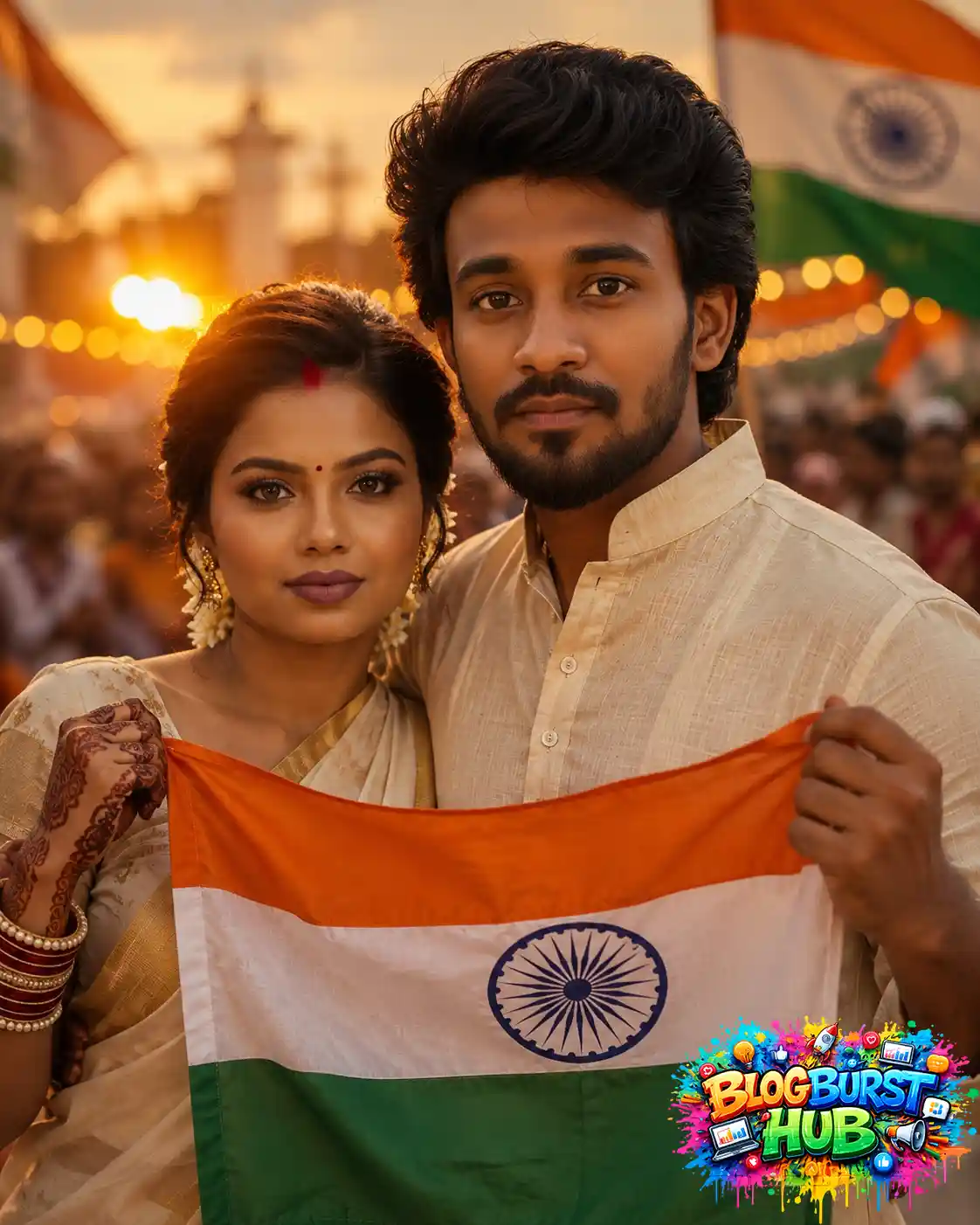 Indian couple holding the national flag during an Independence Day celebration