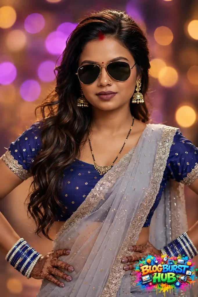 Instagram AI digital illustration of a woman in a blue and white saree with sunglasses