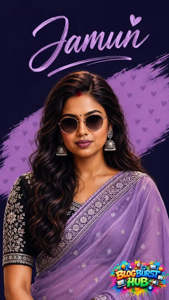 Purple saree digital illustration with sunglasses, jewelry, and a stylish Instagram aesthetic