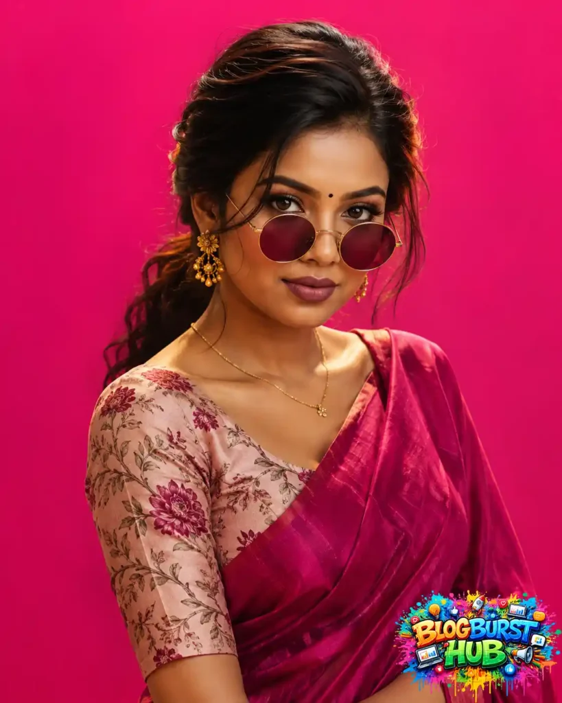 Instagram trending digital illustration of a woman in a pink saree with sunglasses