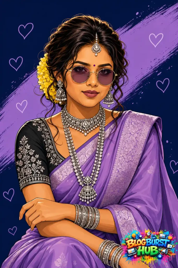 Stylized purple saree digital illustration with silver jewelry and sunglasses