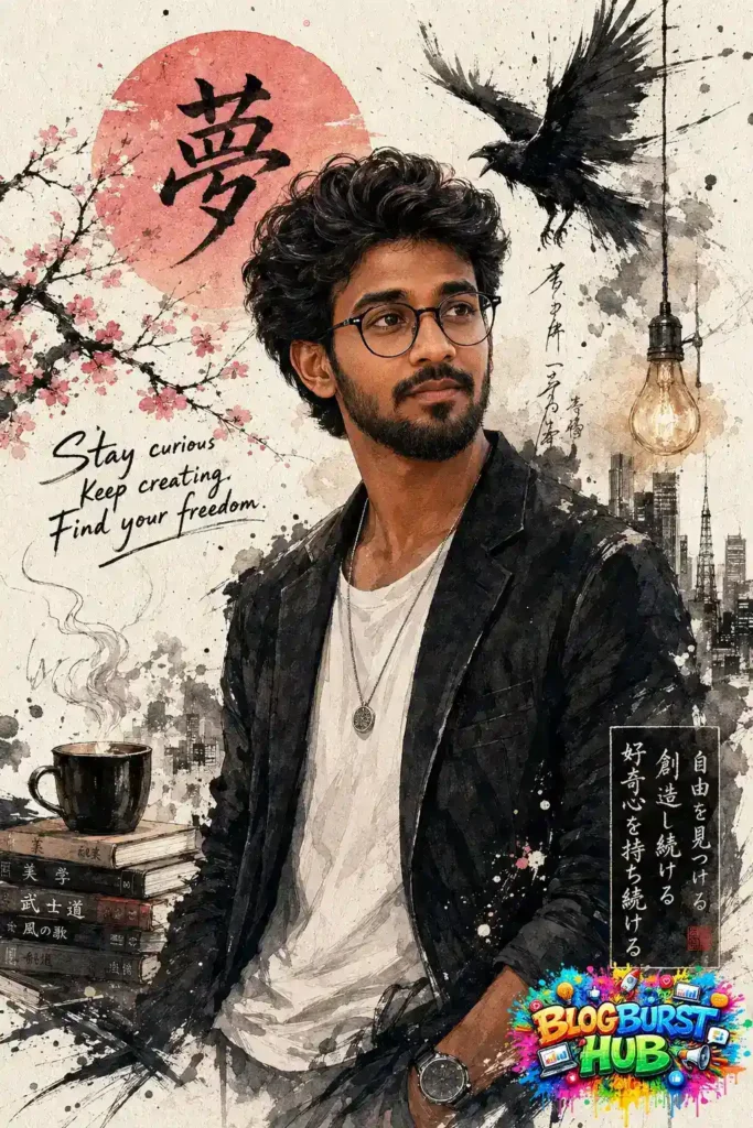 Japanese-inspired cinematic AI portrait of a man with glasses, cherry blossoms, and a black raven