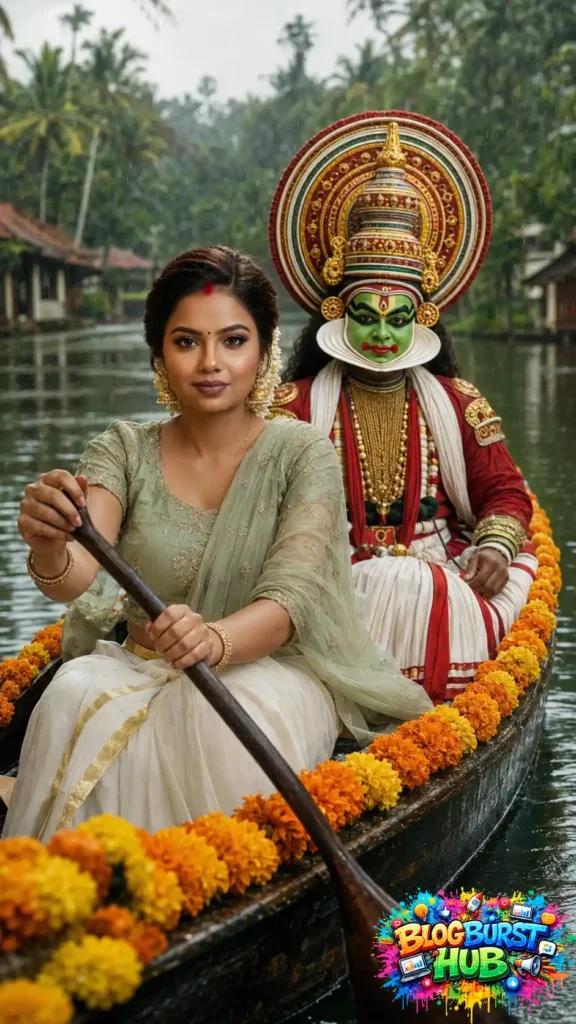Woman in traditional Kerala outfit sitting in flower-decorated boat with Kathakali artist