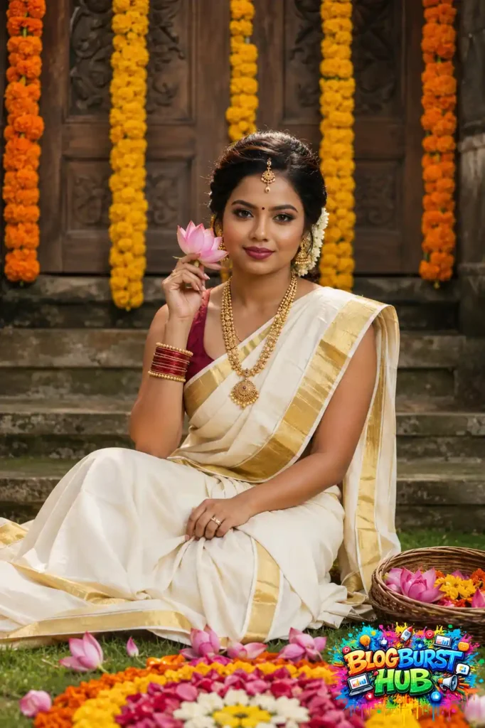 Woman in Kerala kasavu saree holding lotus flower during Onam