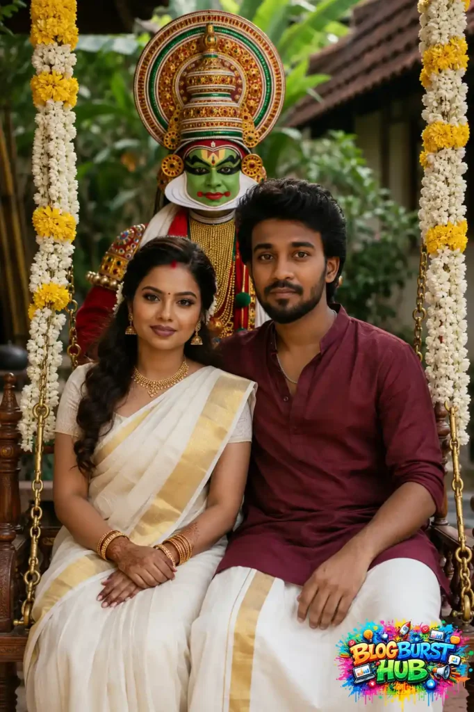 Kerala Onam couple sitting on a decorated swing with Kathakali performer behind them