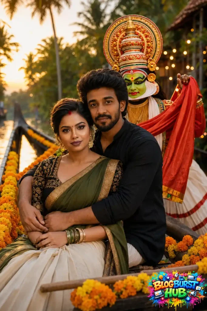 Kerala Onam couple posing with a colorful Kathakali performer beside a decorated boat