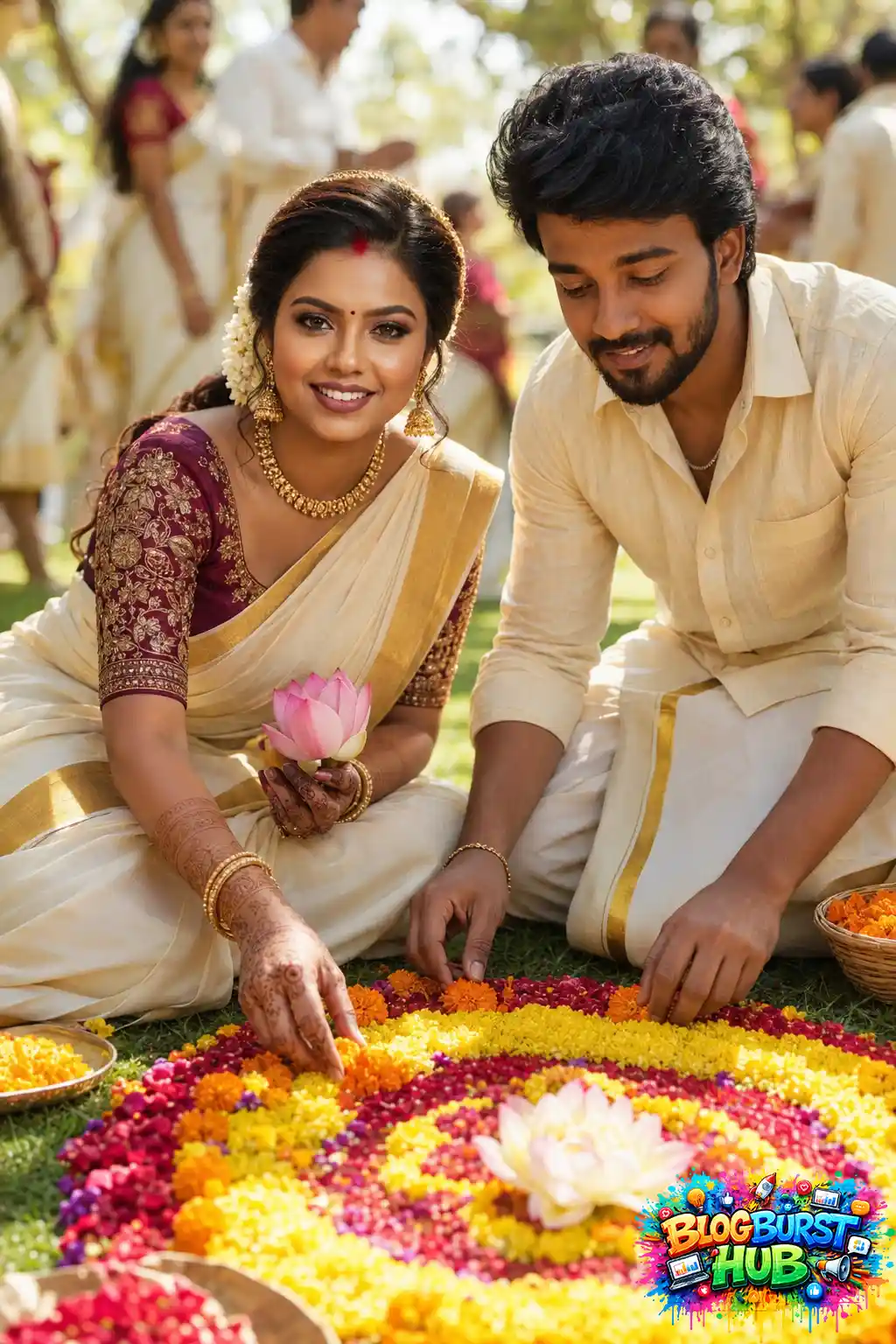 Kerala couple making a colorful Onam pookalam together