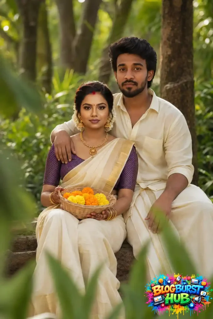 Traditional Kerala couple posing with flowers in a lush green garden