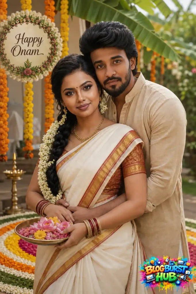Romantic Kerala Onam couple in traditional Kasavu saree and mundu beside a colorful pookalam