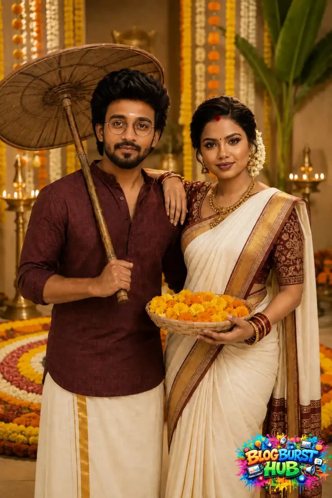 Kerala Onam couple in traditional attire holding a large Kerala umbrella