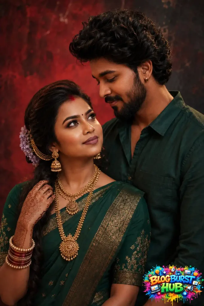 Stylish Indian couple in matching green outfits with dramatic studio lighting.