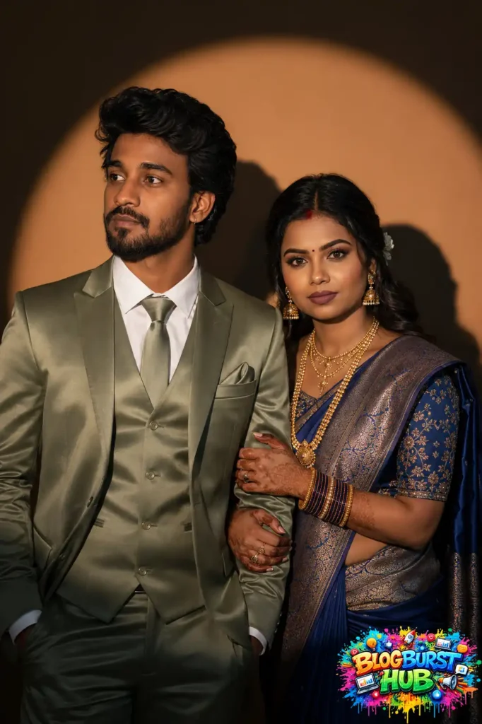 Elegant couple wearing designer suit and royal blue saree with dramatic spotlight lighting.