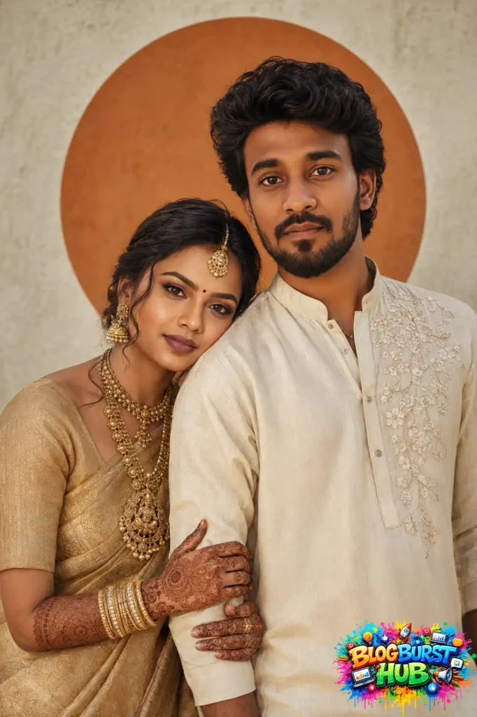 Romantic Indian couple in elegant beige outfits posing with a minimalist artistic background.