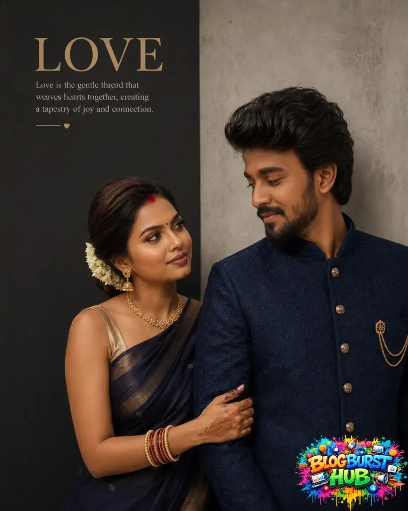 Elegant Indian couple posing beside a modern luxury wall with editorial fashion style.