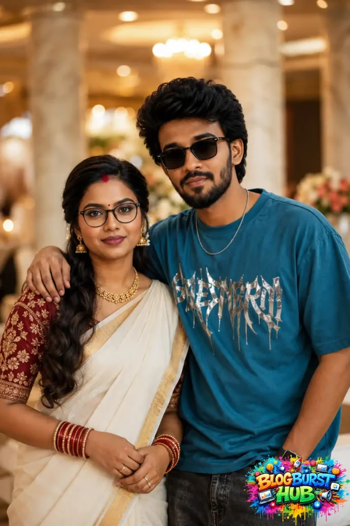 Stylish Indian couple mixing traditional and modern fashion in a luxury indoor setting.