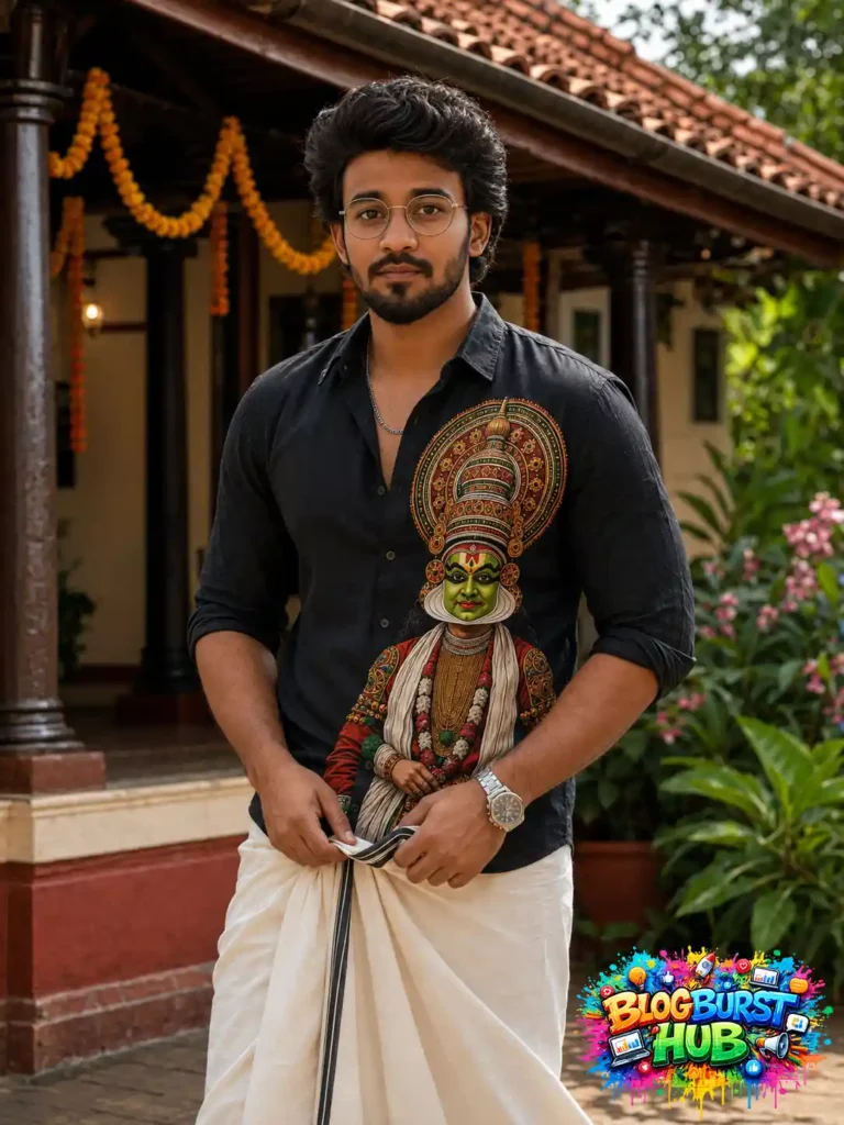Young man in black shirt and white mundu posing at Kerala Onam celebration