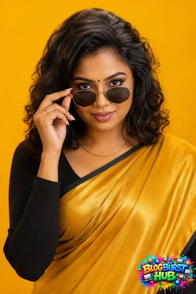 Indian woman wearing a yellow saree with black blouse and sunglasses