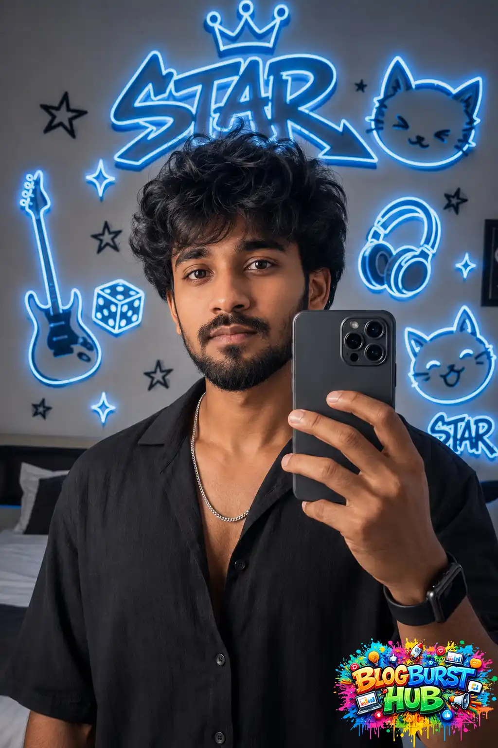 AI-generated mirror selfie of a young man in a black shirt surrounded by blue neon lights