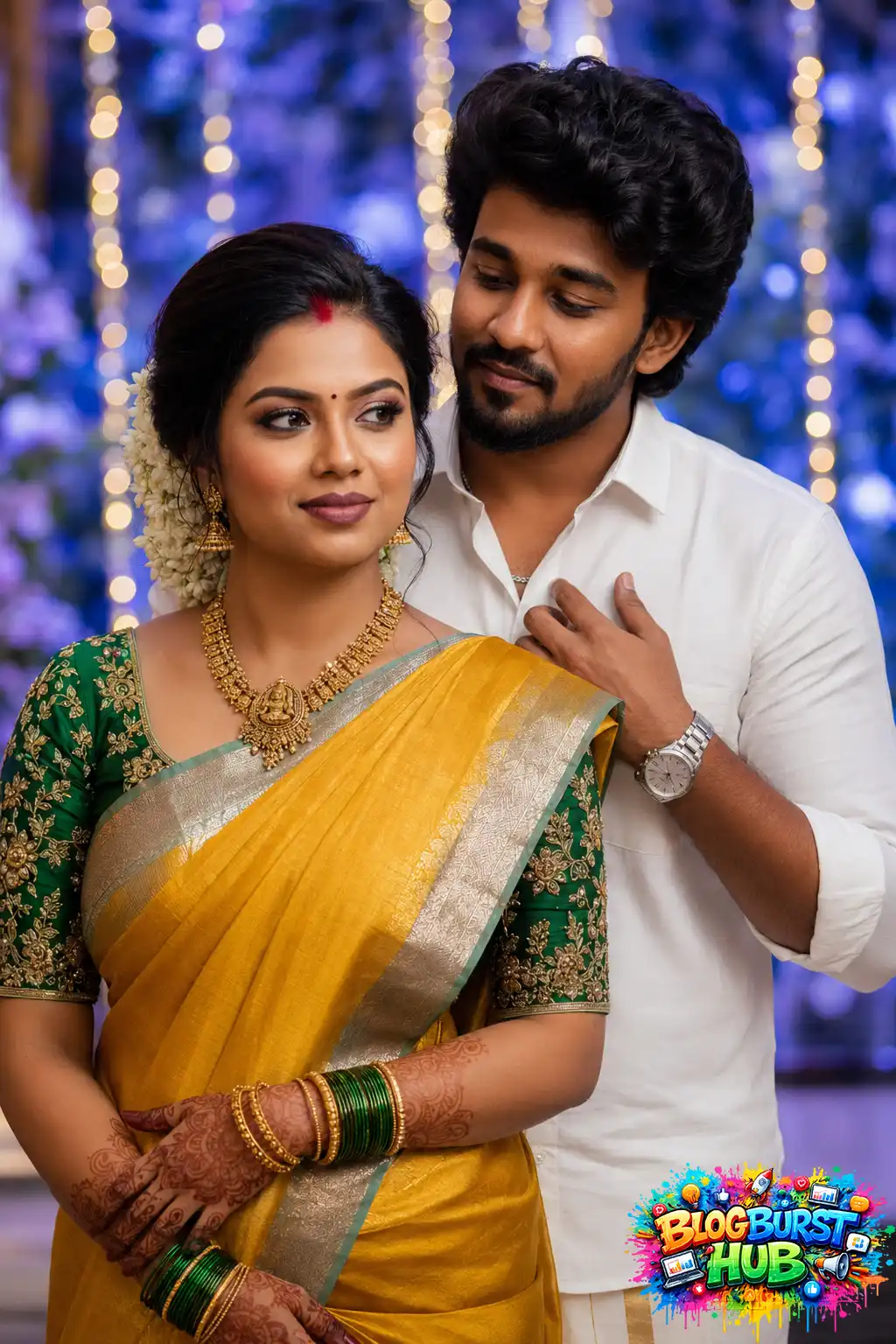 Bride in yellow saree and groom in white outfit posing under dreamy wedding lights.