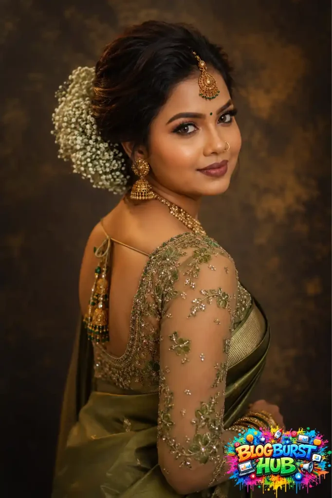 Olive green back-view saree portrait