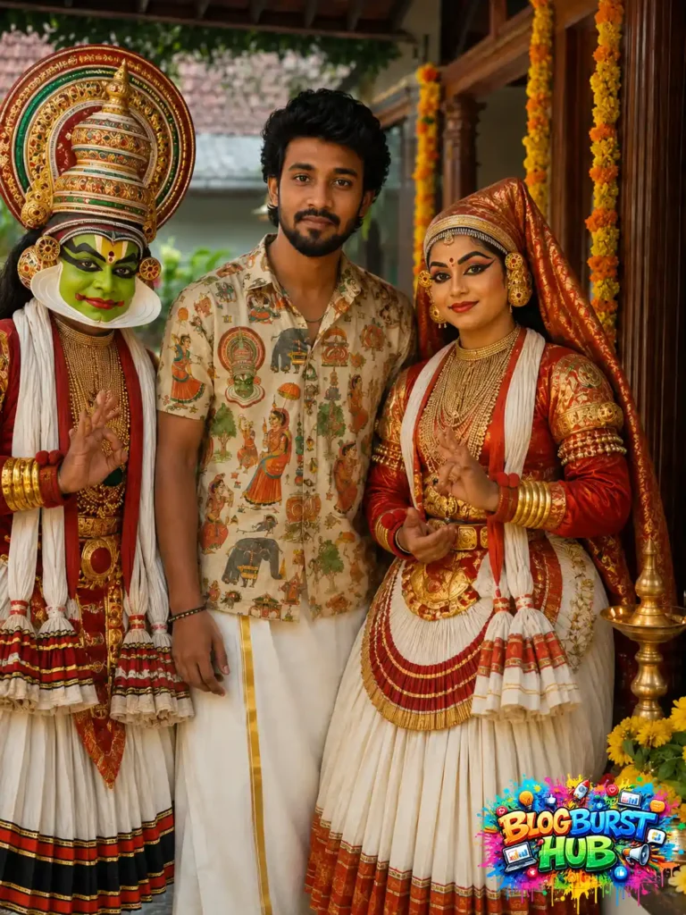 Young man posing with traditional Kathakali performers during Onam