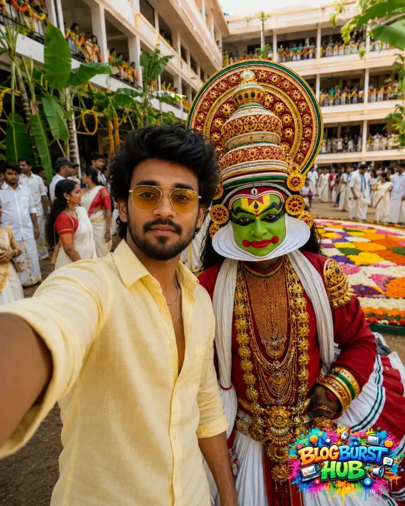 Young man taking selfie with Kathakali performer at Onam celebration