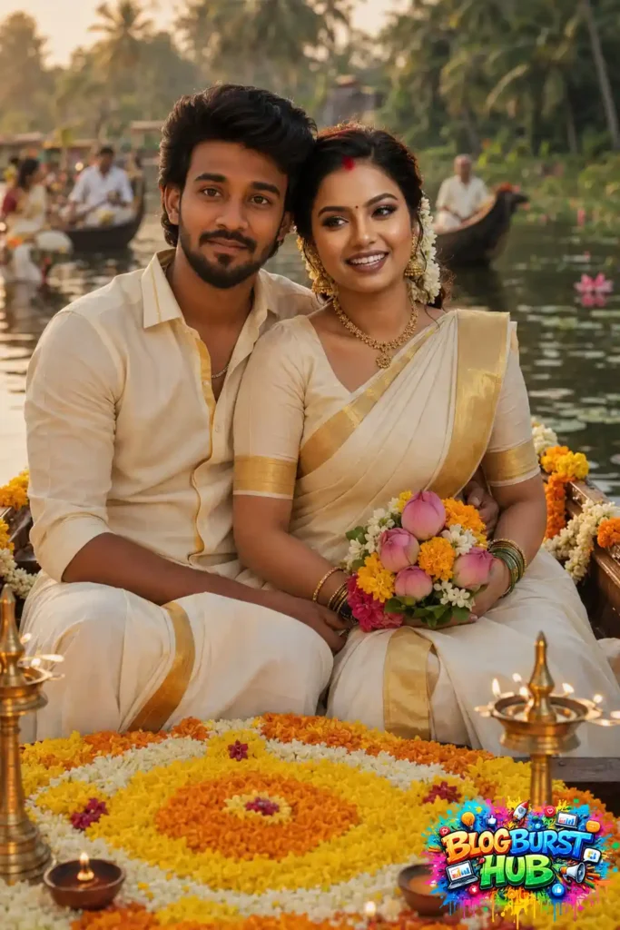Kerala couple in traditional Onam clothes sitting on a decorated boat