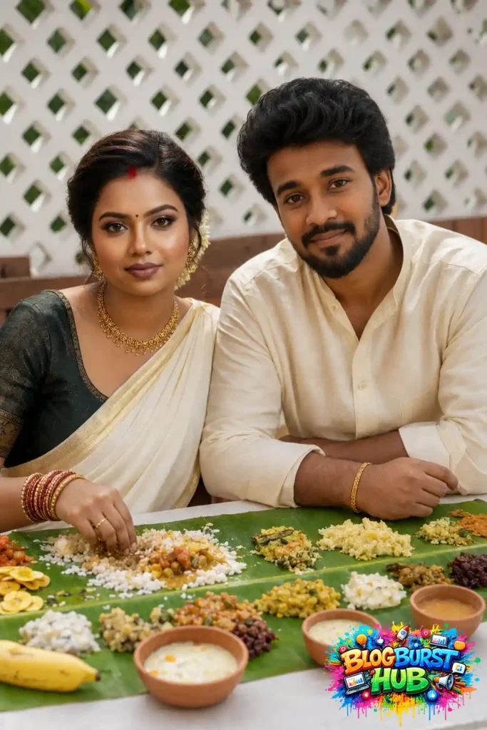 Kerala couple enjoying traditional Onam Sadya served on banana leaves
