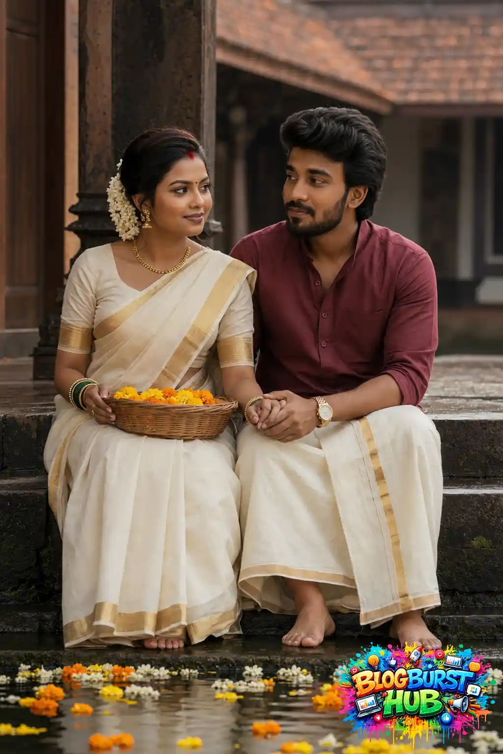 Kerala couple sitting together on traditional steps during Onam