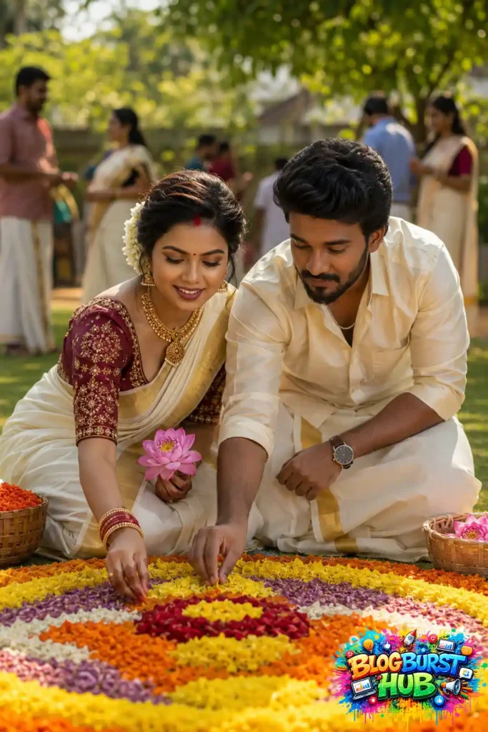 Kerala couple creating a colorful pookalam together for Onam