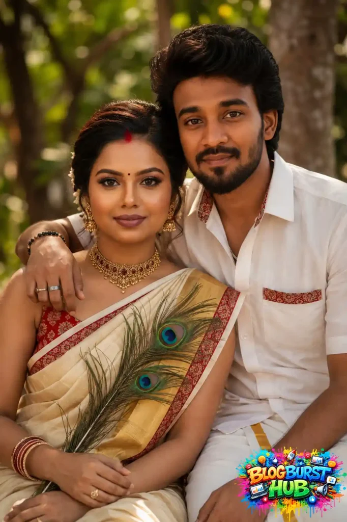 Romantic Kerala couple in traditional Onam attire posing together outdoors