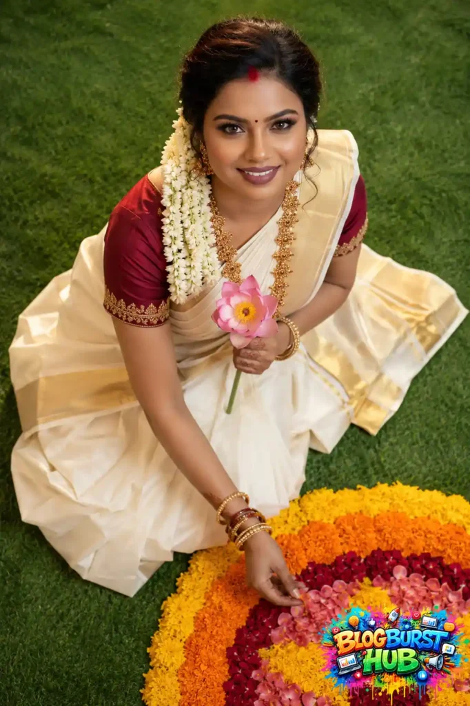 Woman in Kerala kasavu saree creating a colorful Onam pookalam