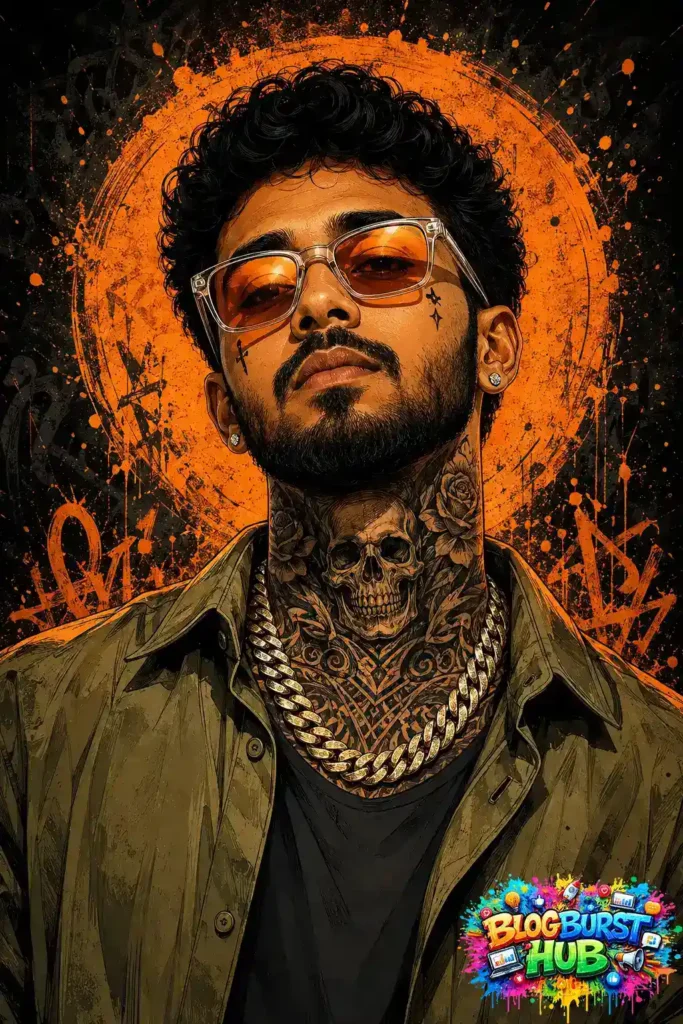 Orange and black cinematic AI portrait of a stylish man with sunglasses and tattoos