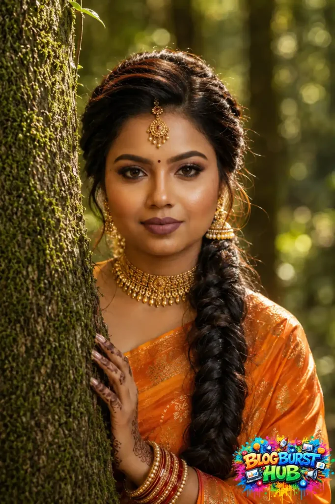 Indian woman in orange saree with long braid standing beside a tree