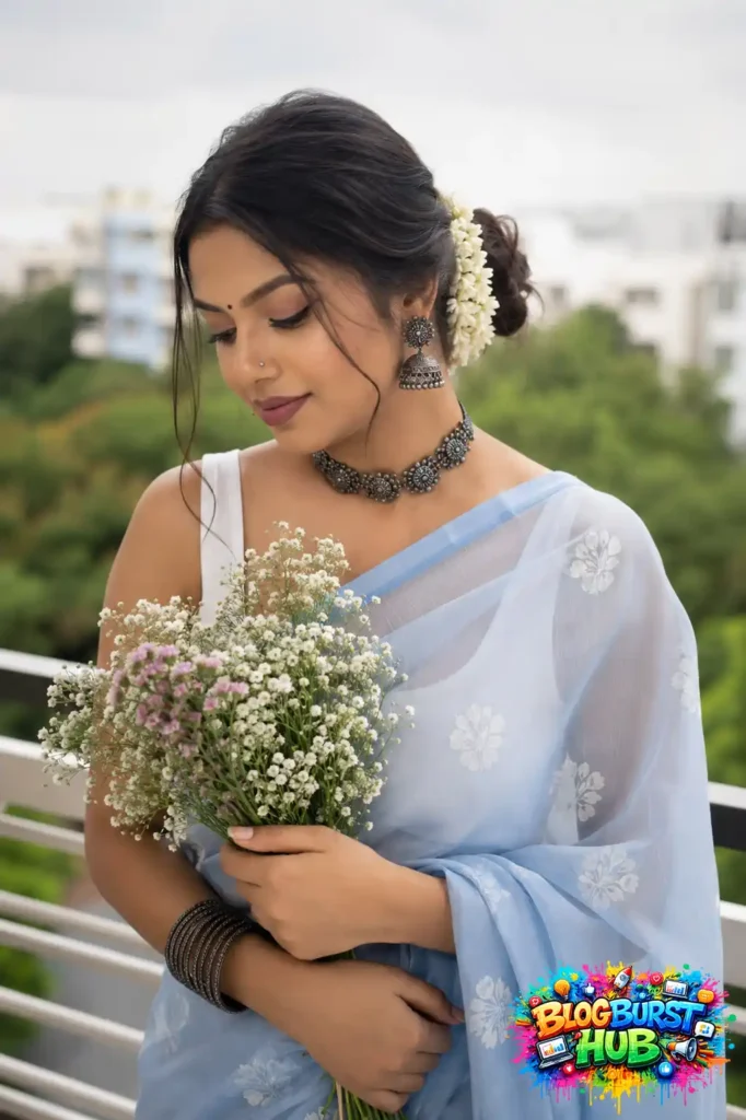 Indian woman in pastel blue saree holding a bouquet of flowers