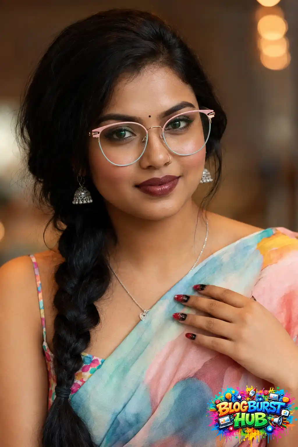 Indian woman wearing pastel multicolor saree with glasses and braided hair