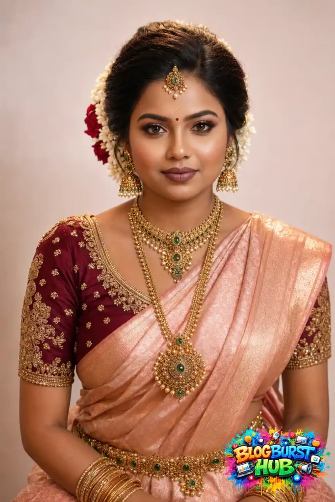 Peach Bridal Saree with Traditional Gold Jewelry