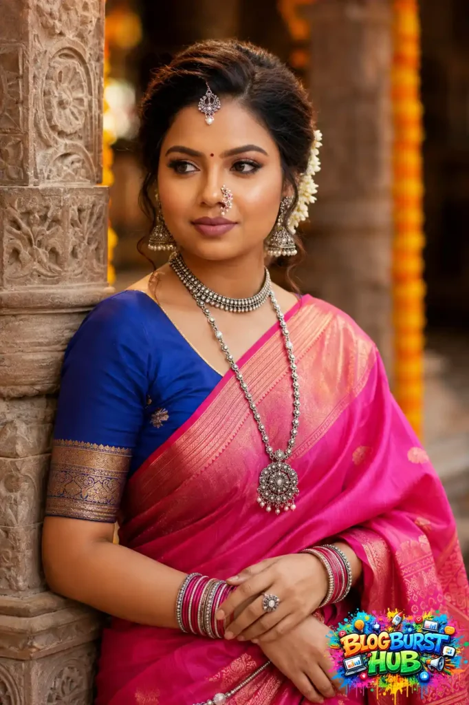 Indian woman wearing pink saree and blue blouse beside a temple pillar