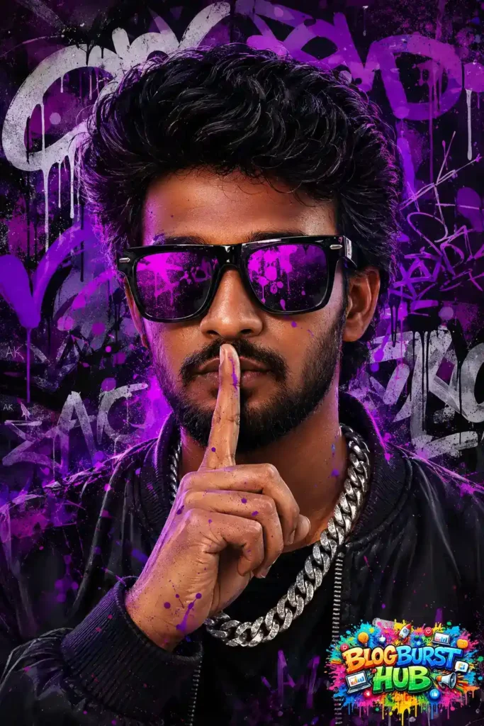 Purple neon cinematic AI portrait of a stylish man wearing sunglasses and a silver chain