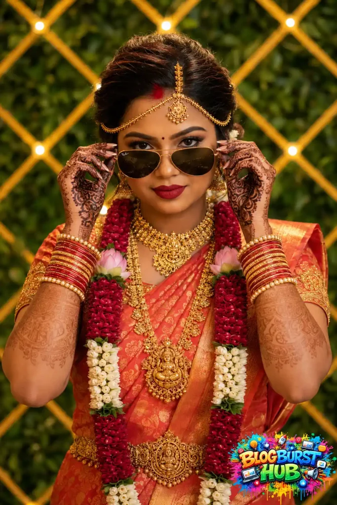 Red & gold bridal saree with sunglasses