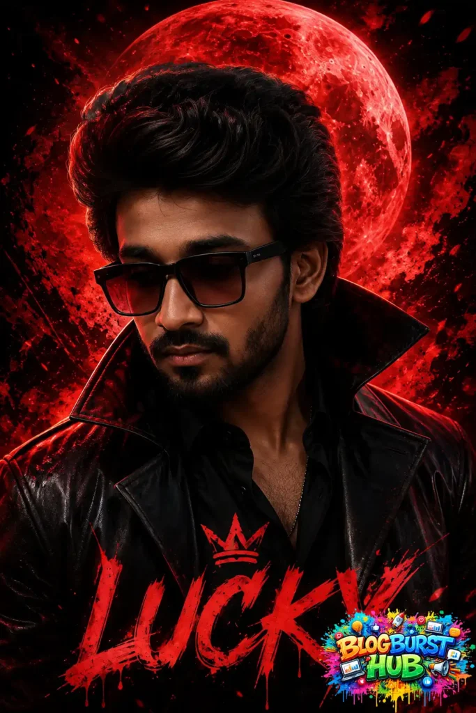 Dark cinematic AI portrait of a man wearing sunglasses in front of a glowing red moon