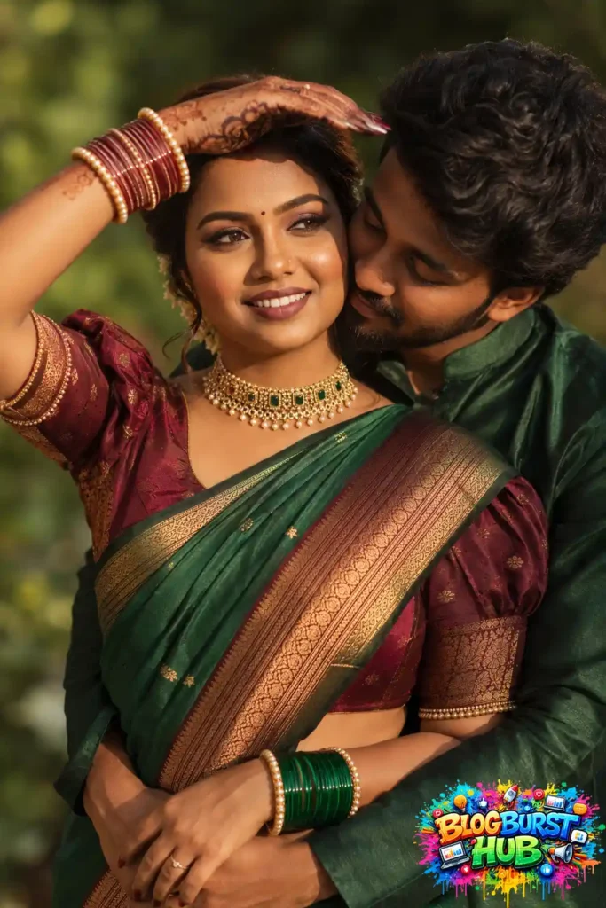 Couple sharing a romantic back hug and kiss while wearing traditional Indian outfits